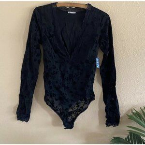 Free People Black Mesh Velvet Floral Bodysuit M Long Sleeve Layering NWT